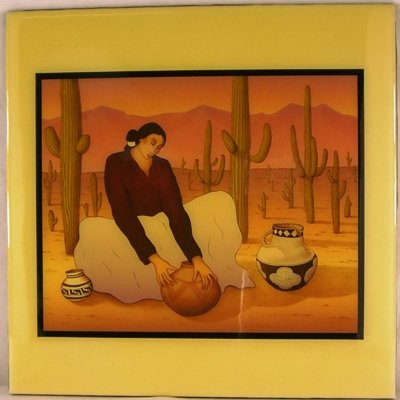 R C Gorman decorative tile: Large decorative ceramic wall tile 'Saguaro (167) by R C Gorman, Navajo, 300mm x 300mm. R C Gorman (1931-2005) was a Native American Artist of the Navajo nation. Referred to as "the Picasso of America