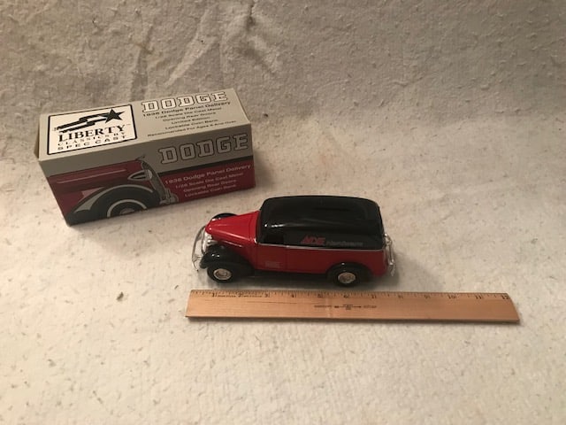 Die Cast Bank Ace Hardware 1936 Dodge Red/Black: Die Cast Bank Ace Hardware 1936 Dodge Red/Black with Box. Size: 7" w x 3" d x 5" h