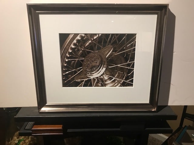 Custom Framed Jaguar Wheel Black & White 27" x 22": Custom Framed Jaguar Wheel Black & White Size: 27" x 22"