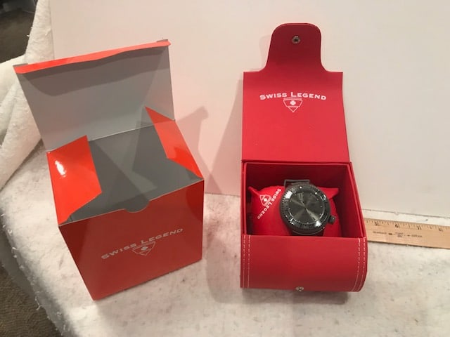 Collector G Shock WR20 Bar Red in Box: Collector Watch Swiss Legend Grey in Box Size: 5"w x 5"d x 5"h