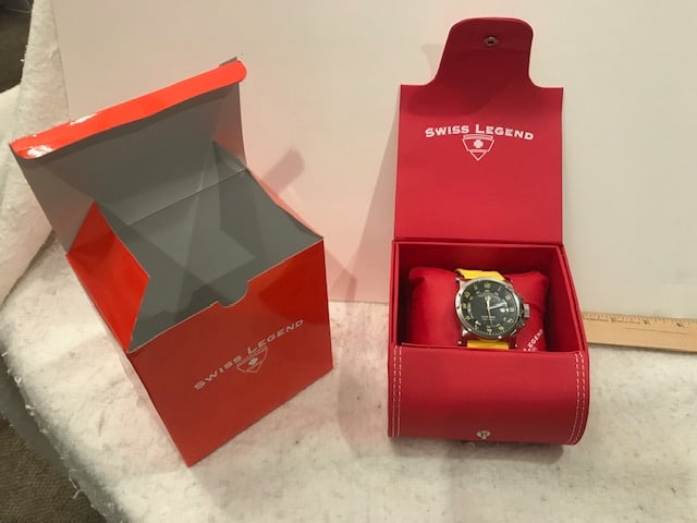 Collector Watch Swiss Legend Sportiva Yellow in Box: Collector Watch Swiss Legend Sportiva Yellow in Box. Size: 5"w x 5"d x 5"h