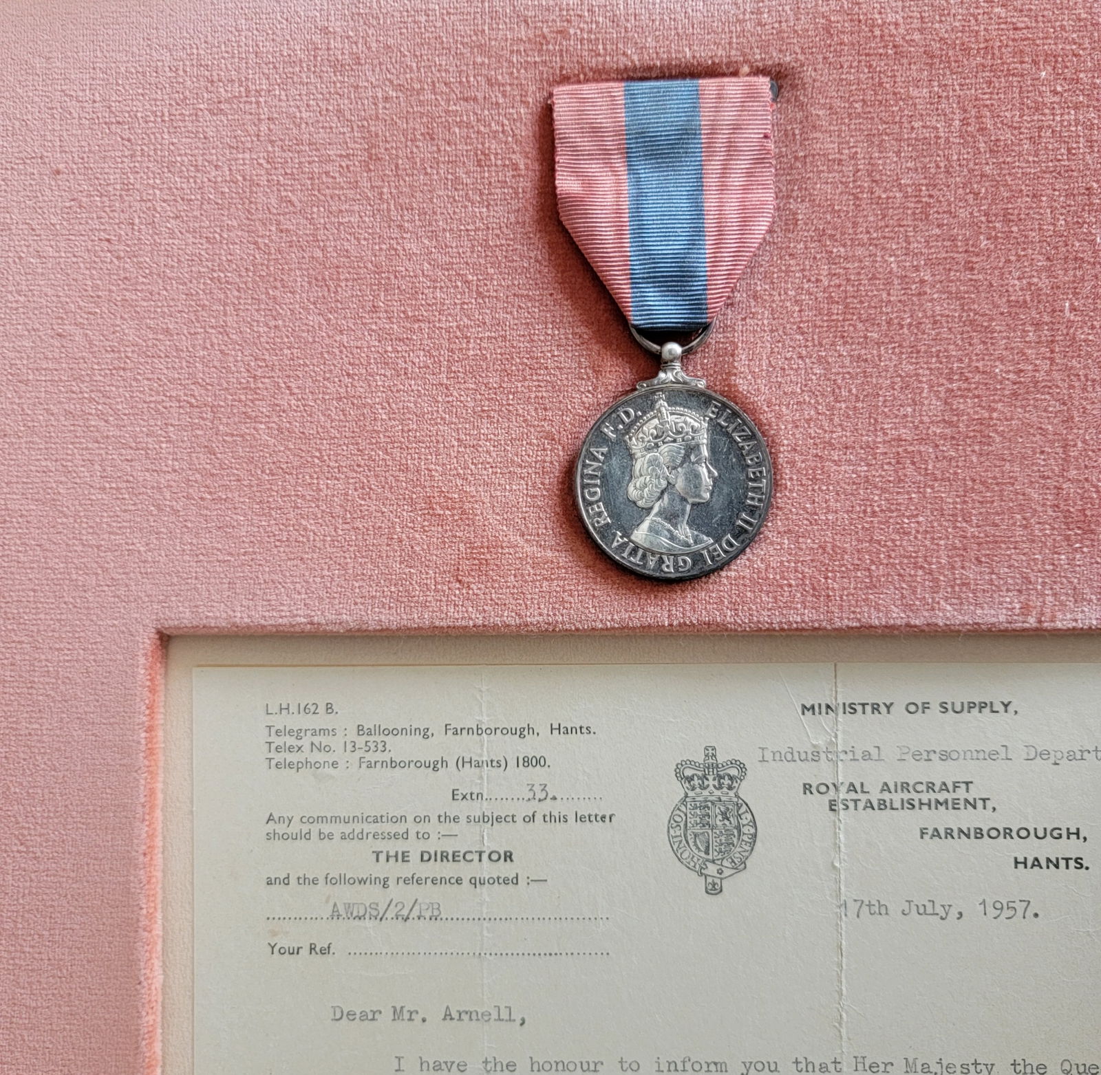 1957 Queen Elizabeth Imperial Service Medal Royal Aircraft Department EIIR - Personal Letter (1 of 4)