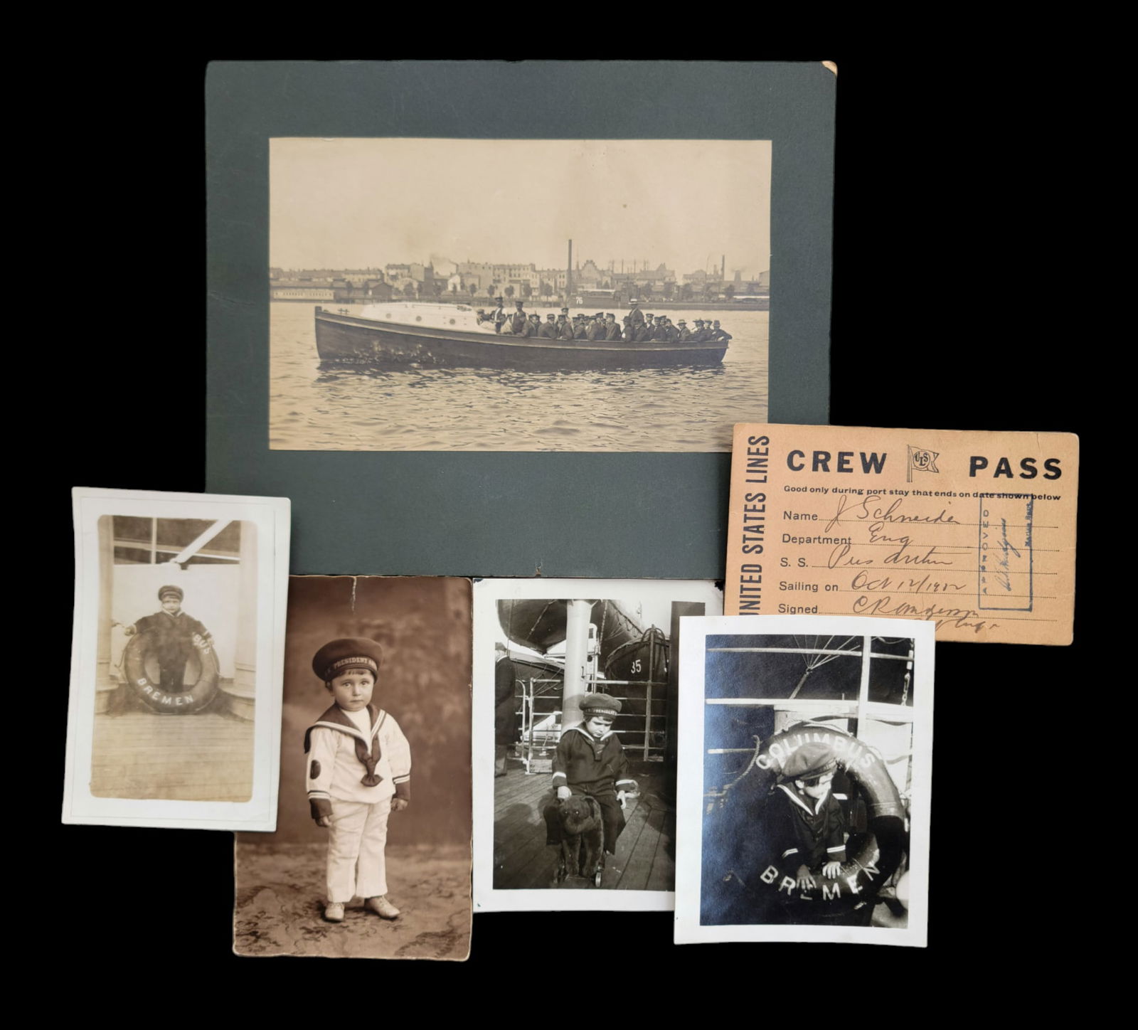 1920's Sailor - Columbus Bremen Photo Lot - Boy in USS President Arthur Uniform - U.S. Crew Pass (1 of 1)