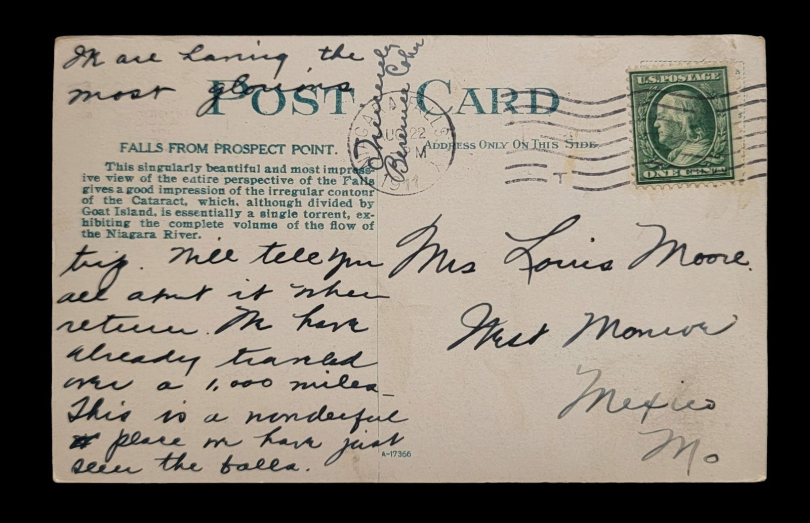 1c Benjamin Franklin One Cent Green Stamp on Postcard - Postmarked Niagara Falls 1911 (1 of 2)