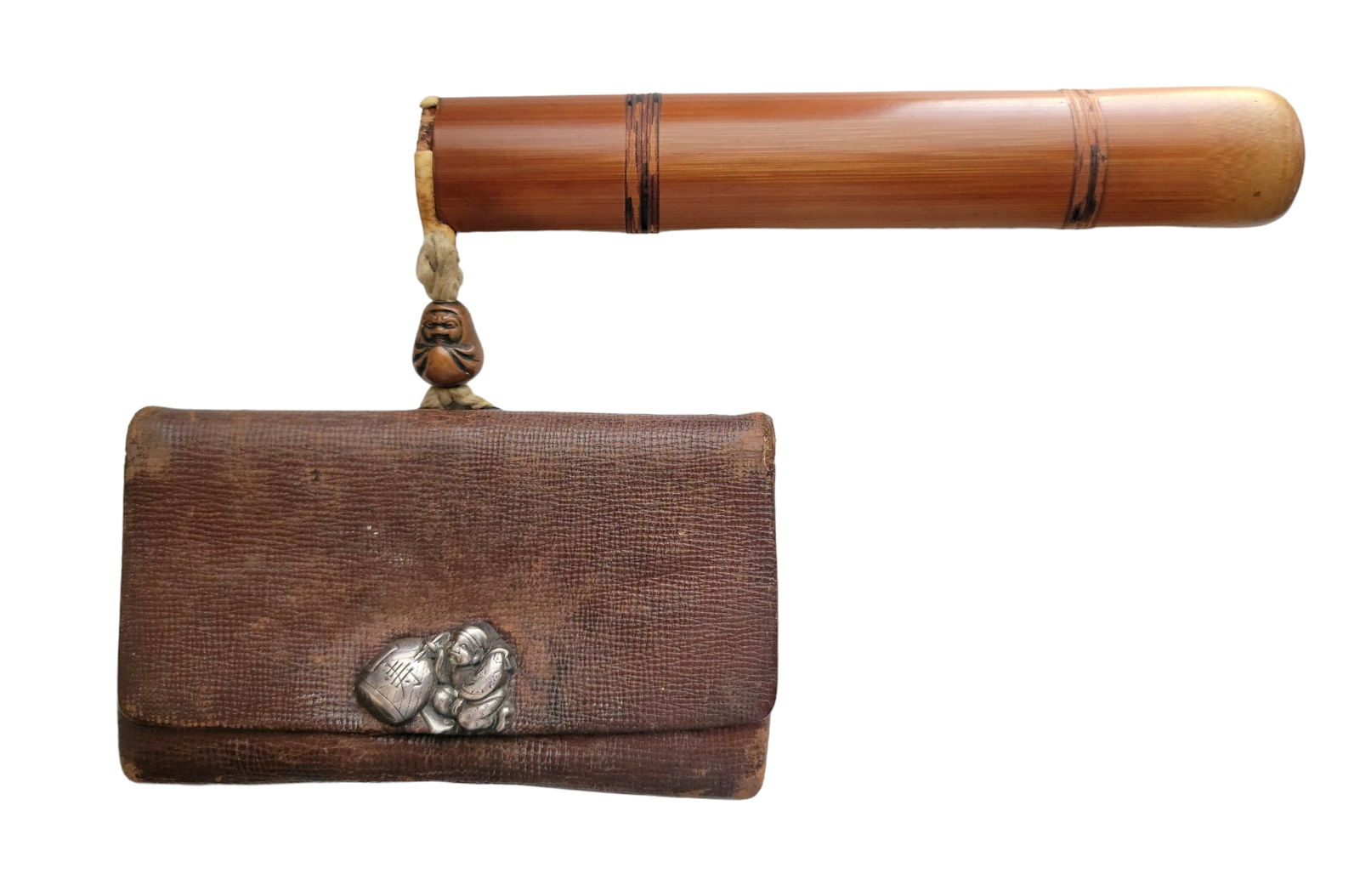 Meiji era Antique Japanese Tonkotsu Pouch & Kiseru Pipe Case - Daruma Charm & Silver Ornament Clasp (1 of 3)