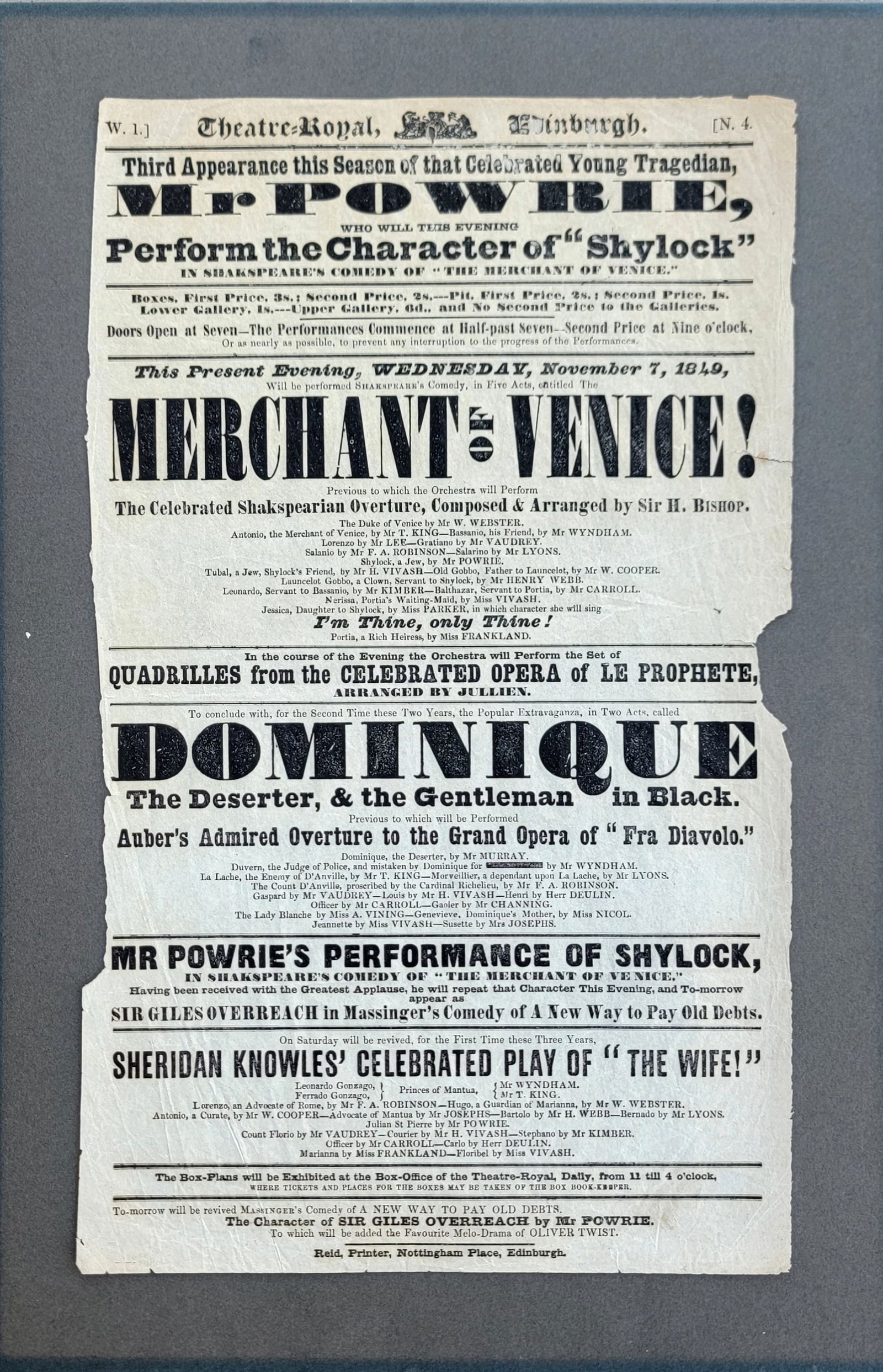 1849 Theatre Royal Edinburgh Playbill Poster Shakespeare's Play The Merchant of Venice (1 of 3)