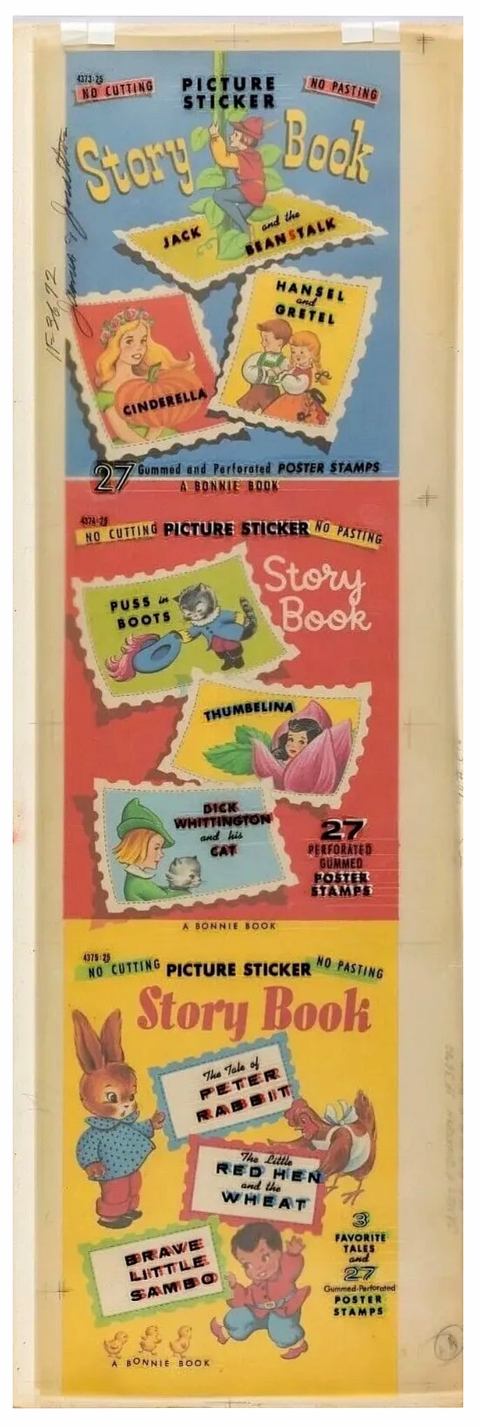 Original Cover Art for Bonnie Books Samuel Lowe Three Covers - Sambo - Cinderella - Peter Rabbit: Original cover art for children's book: Bonnie Books, Picture Sticker Storybook. The artwork features three published covers on one long board with two vellum text overlays. Published under James & Jo