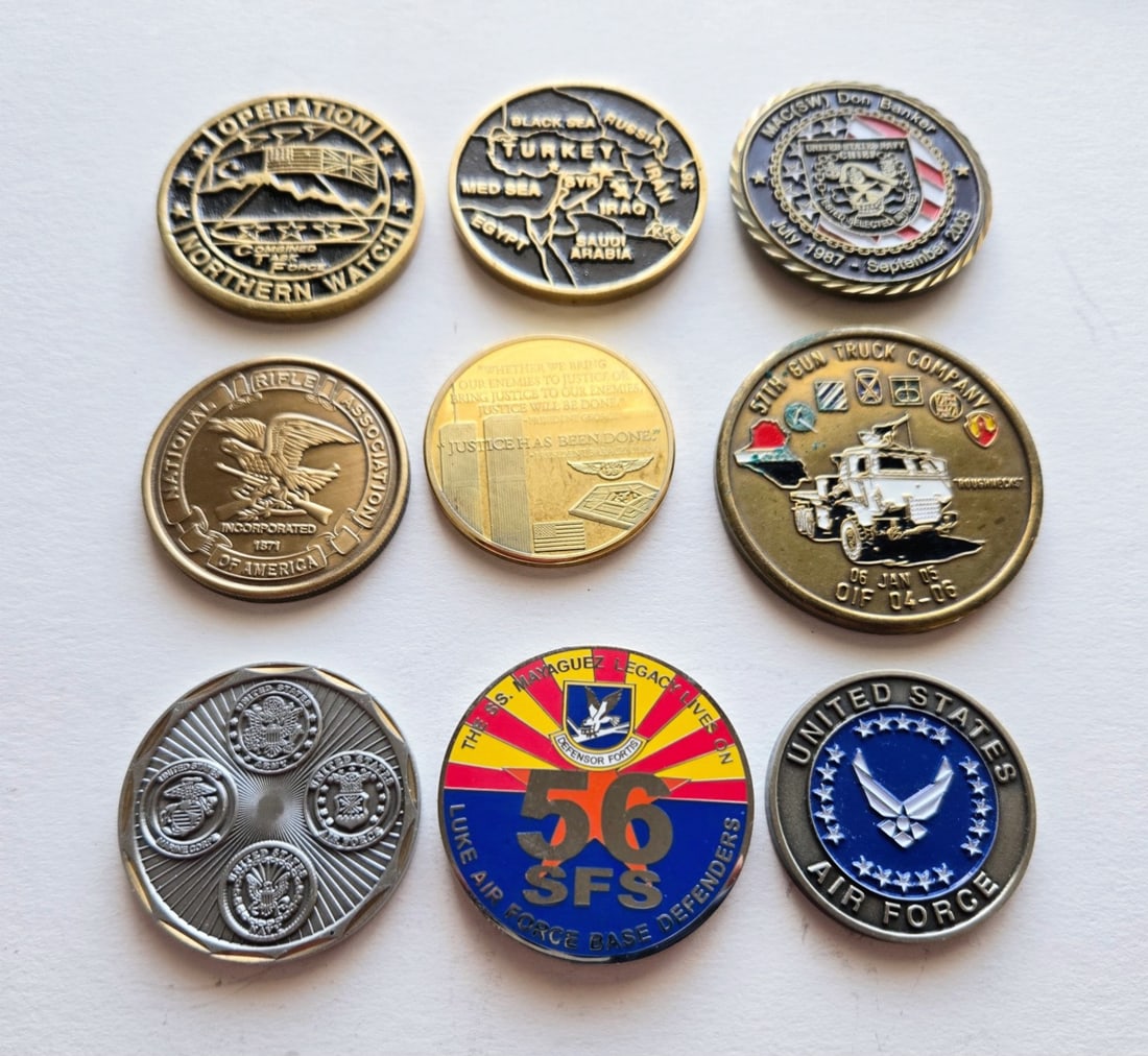Vintage Military Challenge Coin Lot - Army - Air Force - Navy: Challenge coins, lot of (9).