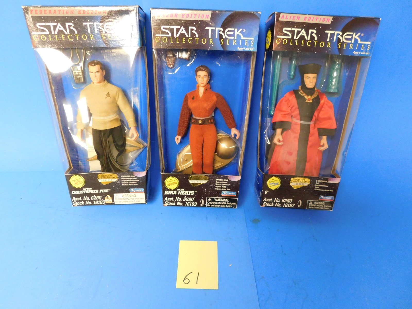 Playmates Star Trek Collector Series Kira Pike Q: Three Playmates Collectible Star wars Figures. Kira Nerys, Q, Christopher Pike Figures