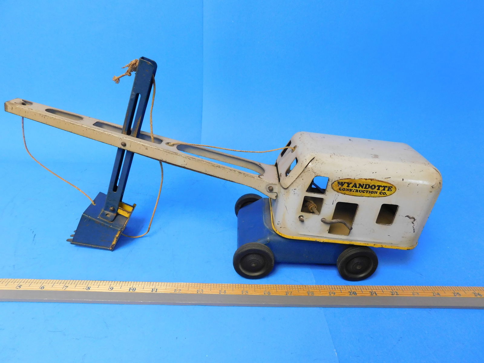 Vintage Wyandotte Steam shoel bucket Pressed Steel: Wyandotte Steam Shovel Blue grey and yellow.