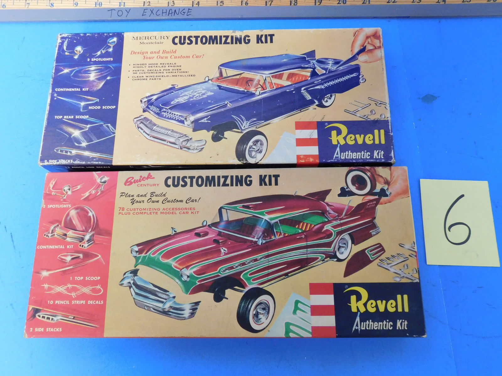 Revell Vintage Mercury Buick Customizing Kits: two Vintage Revell customizing kits for Buick and Mercury. Parts are loose in box and in various condition. Boxes show wear. Corner tears on box bottoms. Parts are loose of sprues.