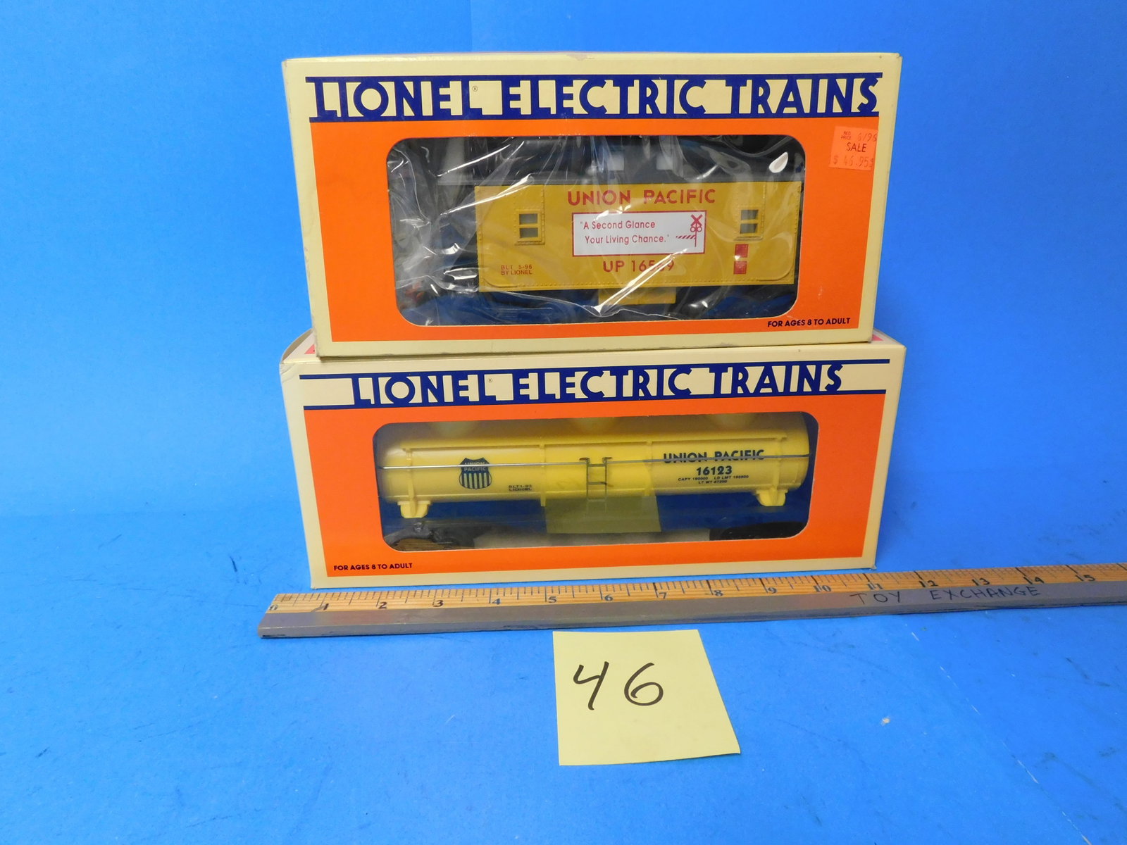 Lionel Union Pacific tank car and Caboose. NIB and Old Store Stock: Lionel 6-16123 Union Pacific Three Dome Tank Car. 6-16581 Union pacific Iluminated Caboose. New in Box New old store stock.