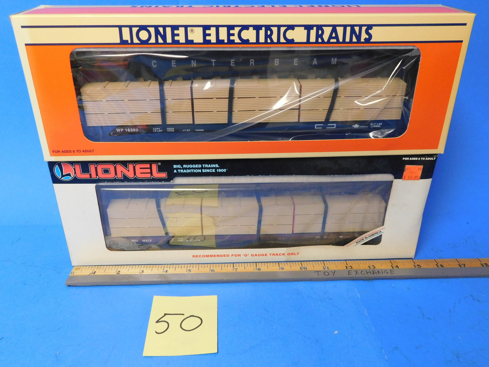 Lionel I-Beam Flatcar Southern & Western Pacific. New old stock: Lionel 6-16372 Southern I-Beam Flatcar with load. 6-16399 Western Pacific I-Beam Flatcar with load. Cas boxes show wear and fading. Items are new in box. Old store stock