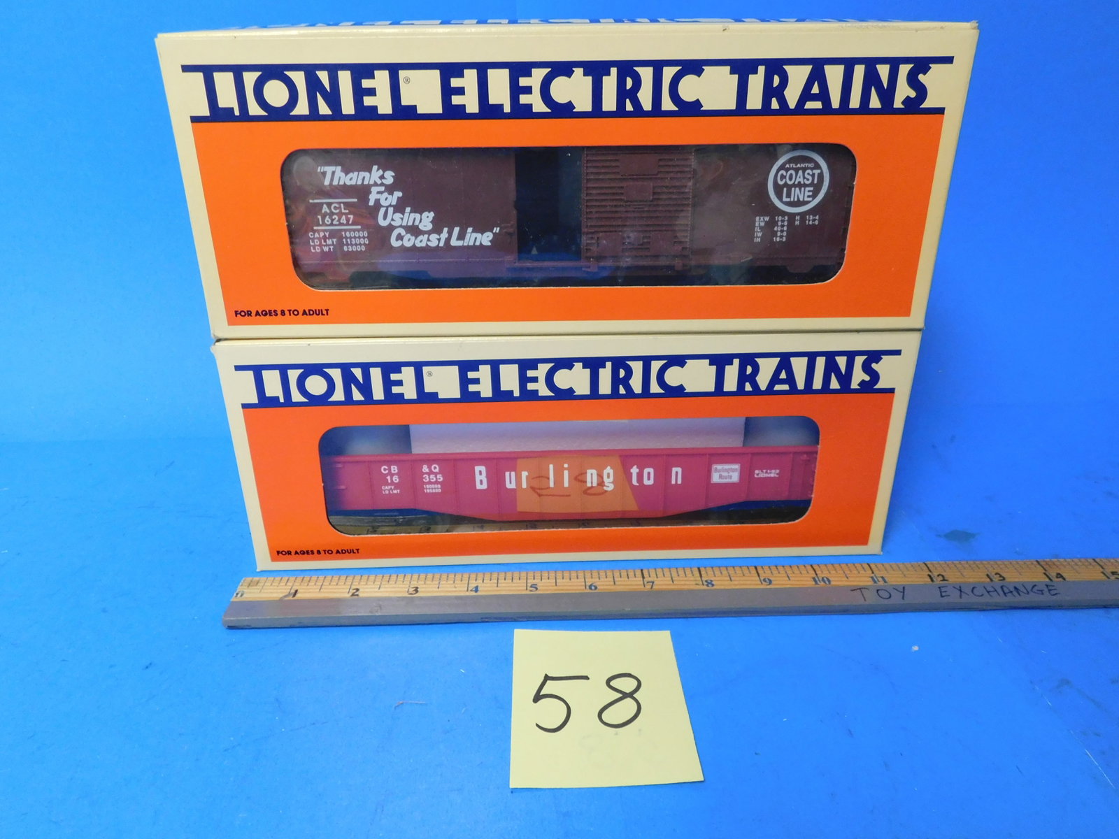 Lionel ACL Boxcar and Burlington gondola: Lionel 6-16247 Atlantic Coast Line Single-Door Boxcar and 6-16355 Burlington Gondola new in box. Old store stock