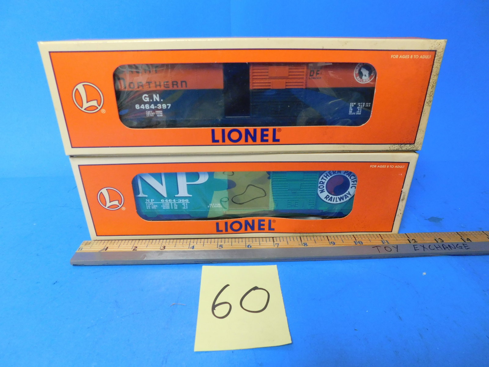 Lionel Boxcars 6464 Great Northern and Northern Pacific: Lionel 6-19284 6464 Northern pacific boxcar and 6-19291 6464 Great Northern Boxcar. New in Box. Old store stock.