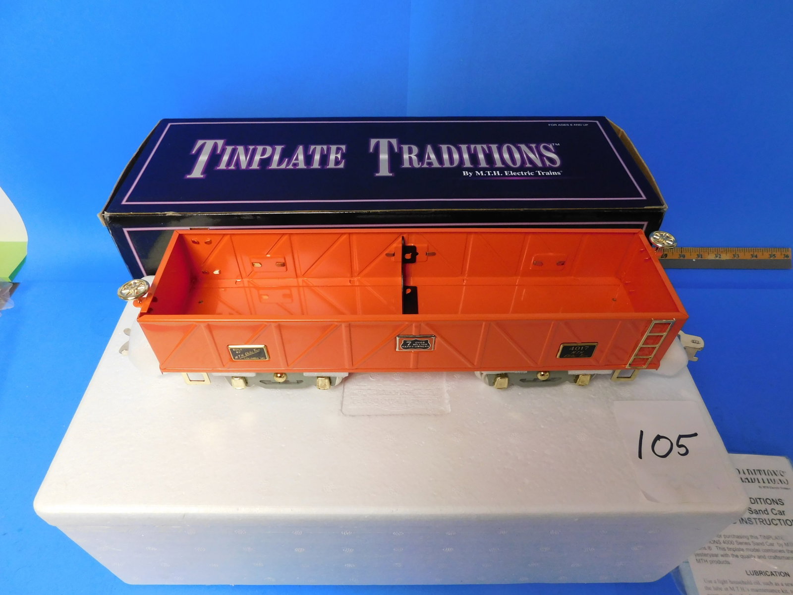 MTH Tinplate Sand Car 4017 Orange. With box. From Warehouse: MTH tinplate Traditions. 10-1151 4017 Sand Car.Orange. Standard gauge. With Box. Showing storage wear. Item is new. From Warehouse.