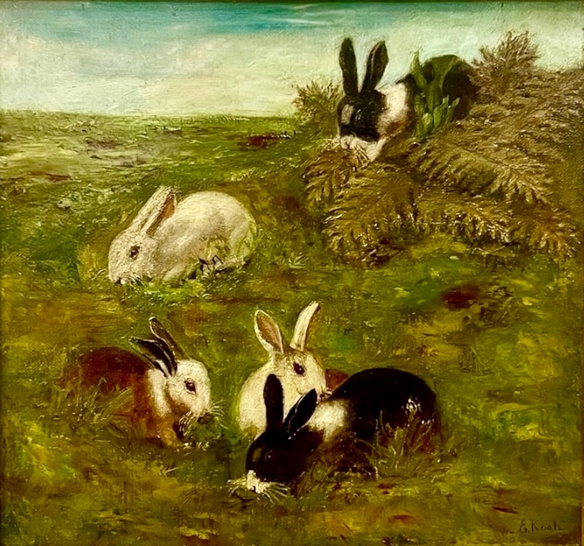 E. Kootz -Rabbits at Play- Oil on Canvas: Oil on canvas -Rabbits at Play- by artist, E. Kootz. Titled by repute and signed LR, E. Kootz. Weight: 6.5 LB Measurement: 12 x 13 IN Measurement with frame: 19 x 18.25 IN