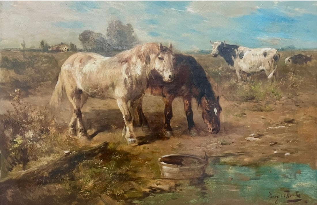 Henry Schouten (Belgium/Indonesia, 1857-1927) Oil on Canvas Horses and Cows Farmyard scene. (1 of 4)