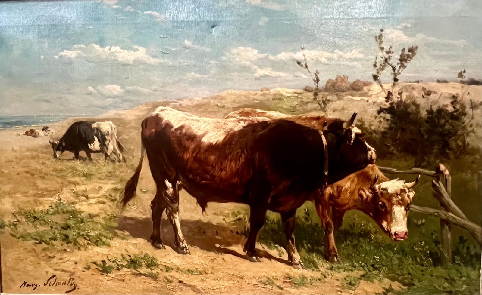 Henry Schouten (1857-1927, Belgian) large oil on canvas, Cows grazing. (1 of 5)