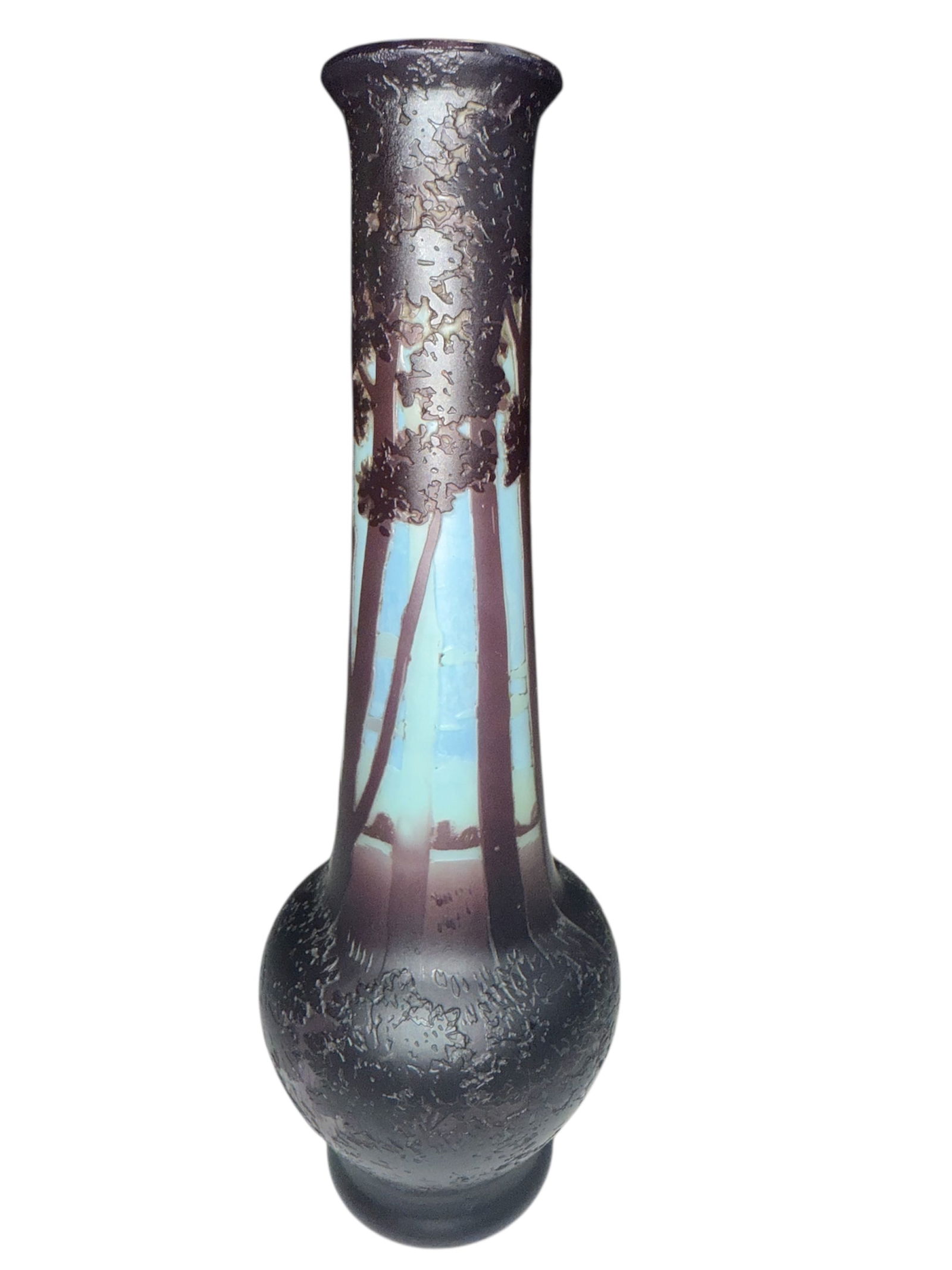 Stunning French Cameo Glass DeVez Vase Landscape Scene: Fantastic French de Vez, bulbous vase, with cameo cut landscape on a purple and light blue ground. The skyline peeks out between the trees. Signed de Vez on the midline of the bulbous bottom. 