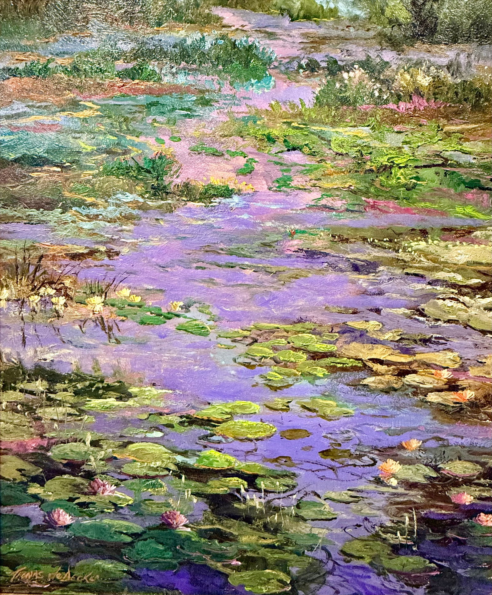 Thomas deDecker (American b.1951, Appleton, WI) Pond Flowers Arrangement Oil on Board: Breathtaking oil on masonite, Thomas deDecker (American b.1951), -Pond Flowers Arrangement- dated 2023." Shimmering blue pond highlighted by vibrant green lily pads and pink, yellow, and orange lillie