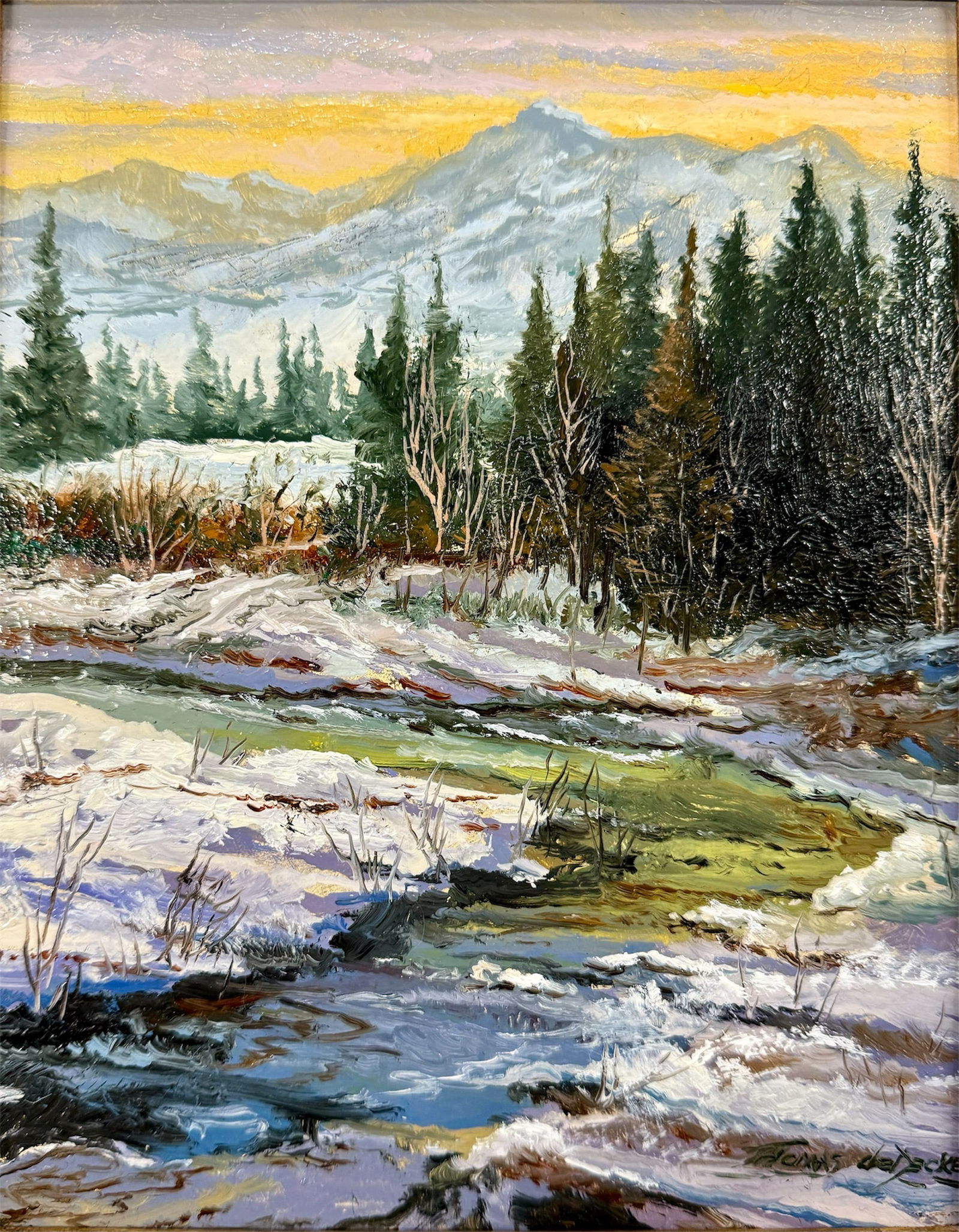 Thomas deDecker (American b. 1951) 'Winter Flow' Oil on Board: Thomas deDecker (American b. 1951) oil on board. Titled "Winter Flow." A breathtaking winter scene. Snow capped mountain range in the background with a meandering stream and blue spruce lined banks. O