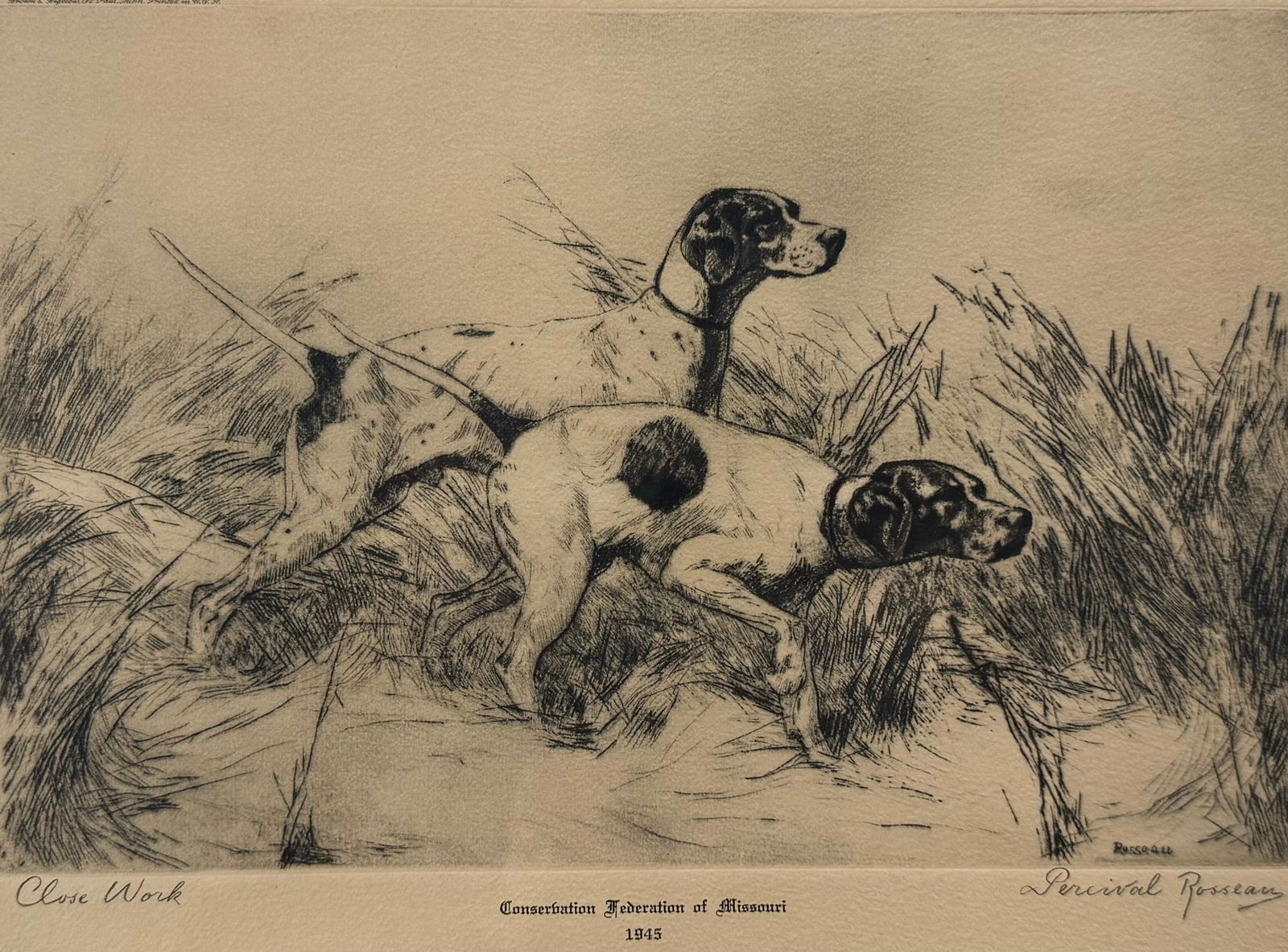 Percival Leonard Rosseau( French-American, 1859-1937). Print of two German Pointers on point. (1 of 3)