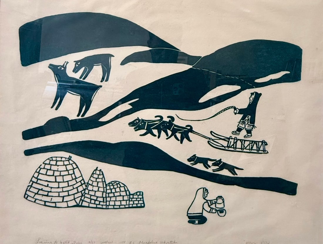 Woodblock art print 'Learning to Build Iglu' by Canadian Inuit B. L. Magdalene Ukpatiku: A wonderful example of Inuit life and customs, captured in this woodcut/woodblock print, by B. L. Magdalene Ukpatiku. Ms. Ukpatiku exhibited her Inuit art at numerous Galleries, including, but not lim