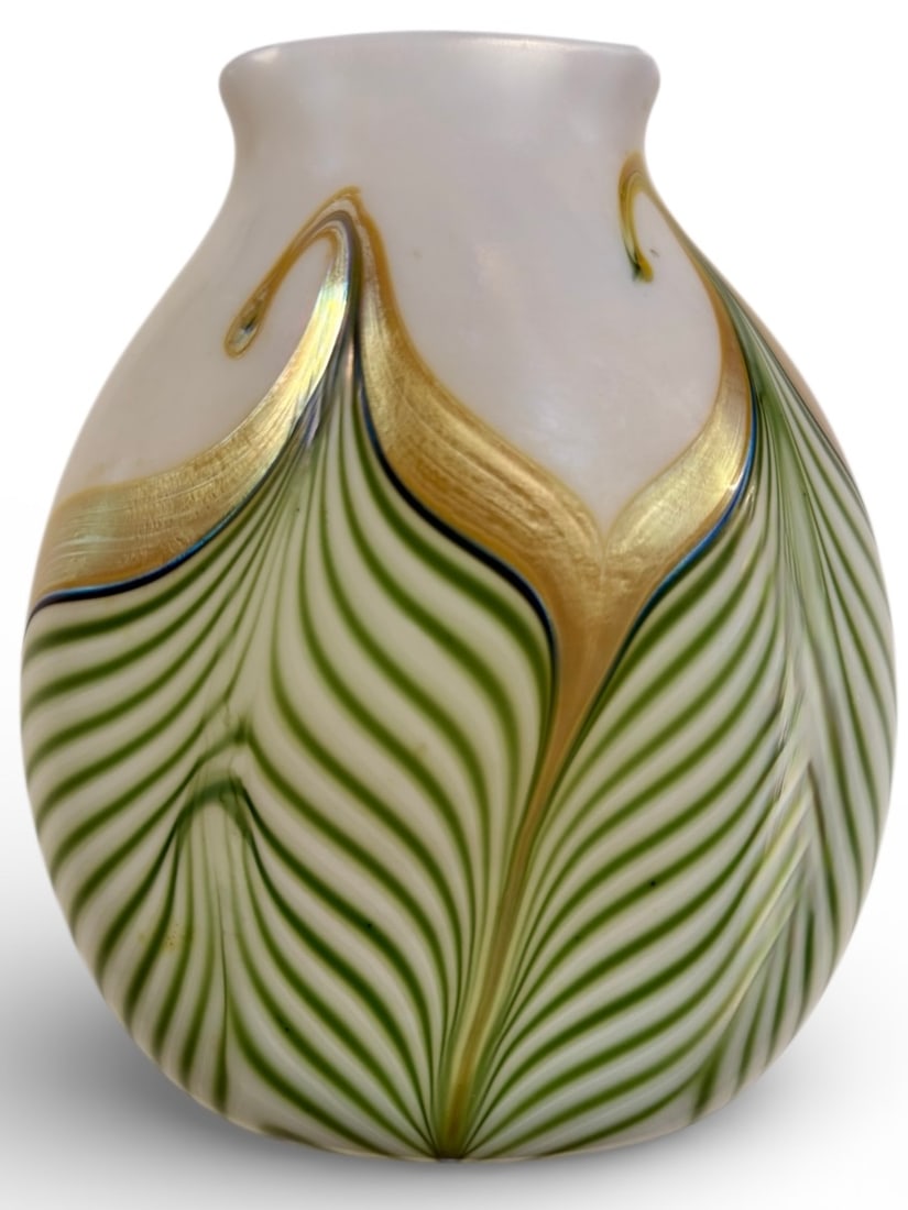Art Glass Pillow Vase Attributed to Quezal spurious Tiffany signature on bottom (1 of 3)