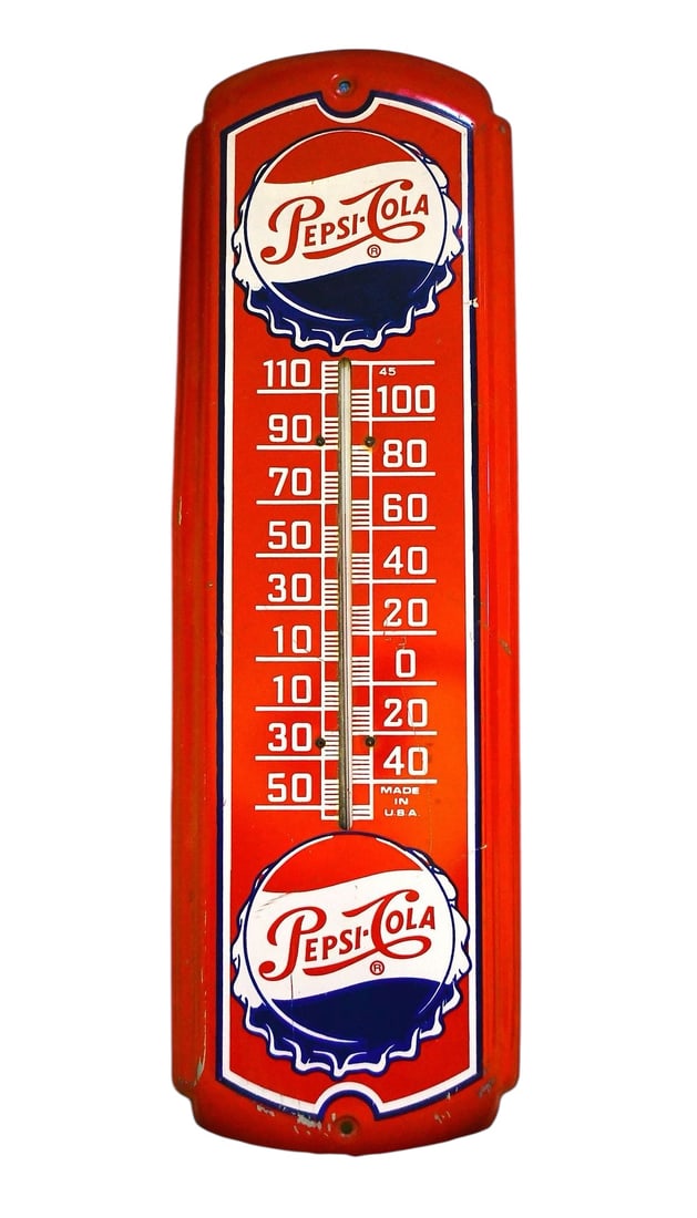 Vintage circa 1950's/1960's PEPSI Cola Advertising Thermometer: From a 60's General Store, a wall mount red enamel painted Pepsi-Cola advertising thermometer. Great color and graphic. An asset to the avid collector of soda advertising. Thermometer works. 