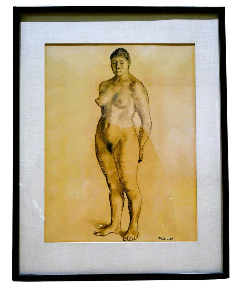 Early Francisco Zuniga (Mexican, 1912-1998) Desnudo, 1965. Standing - Nude, Signed/Dated Lower Right: An early Francisco Zuniga, mixed media, pensive standing nude; Black & Sepia Conte on Ivory Paper from his Mexico period. Spots, shadows, and variations in color are due to reflections on the acrylic.