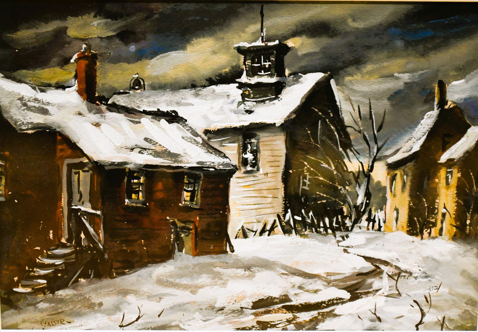 Henry Martin Gasser, (American 1909-1981), Newark Nocturnal Backyard scene, Watercolor.: Listed Newark, New Jersey artist, Henry Martin Gasser. Gasser was well know for his regional Newark subject matter, often depicting snow scenes, gloomy overcast days, and harbor scenes. His paintings