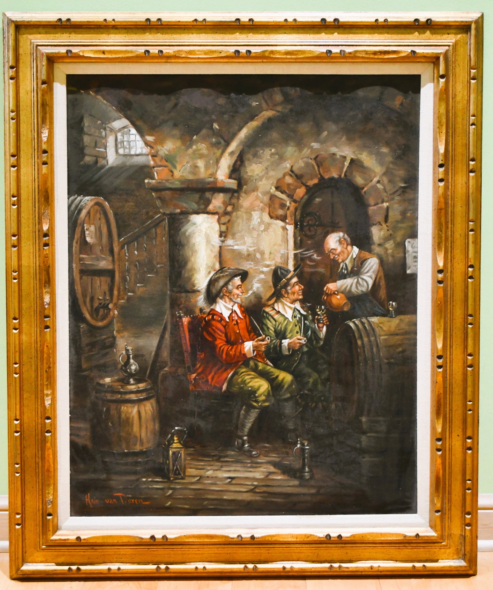 Hein van Doren (Dusseldorf 1930 - 2003) Dutch Painter, Interior Genre Tavern Scene: Colorful oil on canvas of an interior scene, by Dutch painter, Hein Van Doren. Signed lower left. Well executed with vibrant and bold colors. Housed in an outstaning carved wood frame. Dimensions: Fra