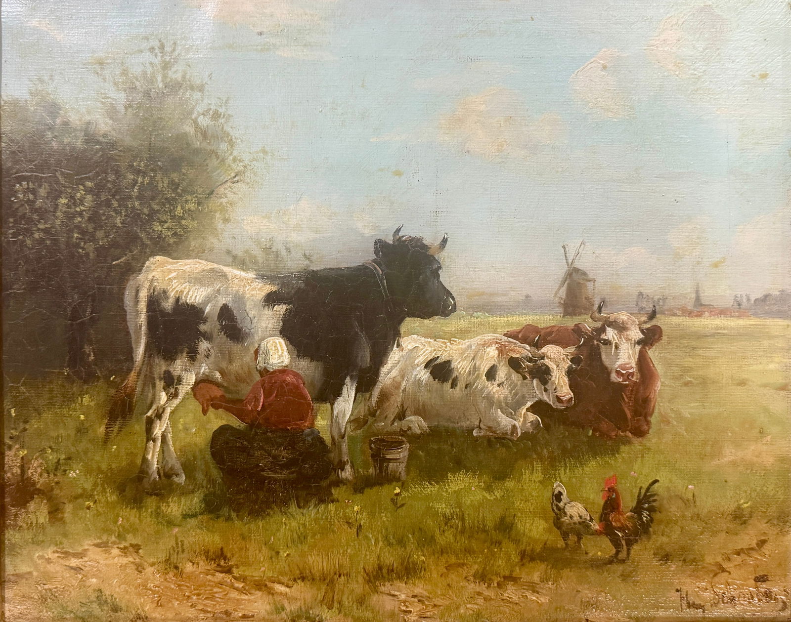 Henry Schouten (Belgium/Indonesia, 1857-1927) Oil on Canvas Maiden Milking Cow scene.: Dutch farmyard scene of Milkmaid, cows, and chickens, by listed artist Henry Schouten. Schouten was tutored at the art academy in Brussels, by Alfred Verwee, were he went on to become a successful and