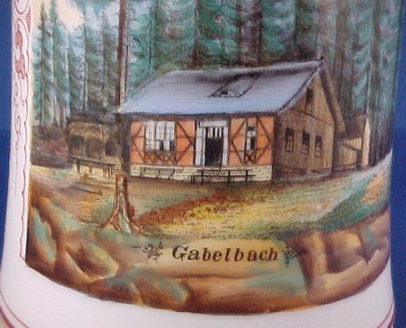 German Porcelain Stein Painted Scene "Gabelbach" - 2