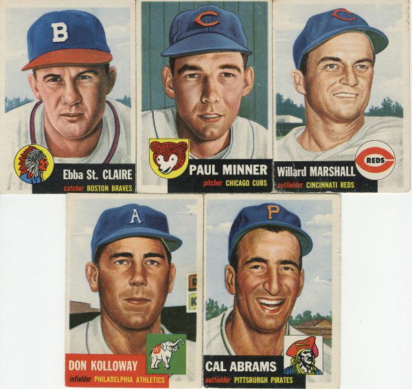 5 - 1953 Vintage Topps Baseball Cards: 5 - 1953 Topps Baseball Cards: 91-EDWARD J. ST. CLAIRE, JR; 92-PAUL EDISON MINNER; 95-WILLARD WARREN MARSHALL; 97-DONALD MARTIN KOLLOWAY; and 98-CALVIN ROSS ABRAMS.