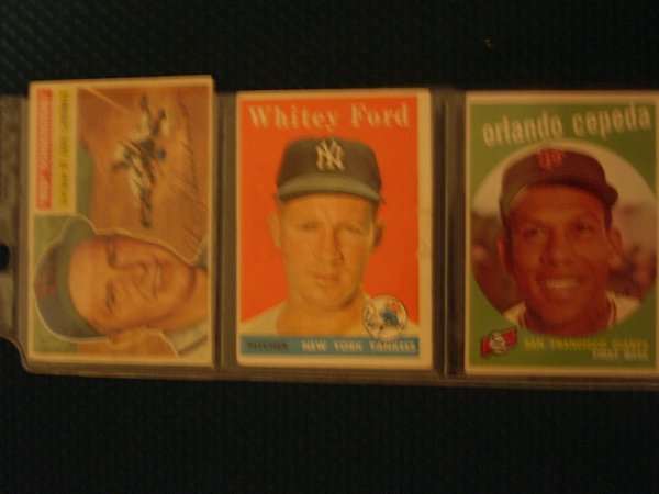 3 Cards '50's Baseball Stars - 56, 58, 59 Topps: 3 card lot of '50's stars. 1956 Topps #165 Red Schoendienst. 1958 #320 Whitey Ford. 1959 #390 Orlando Cepeda.