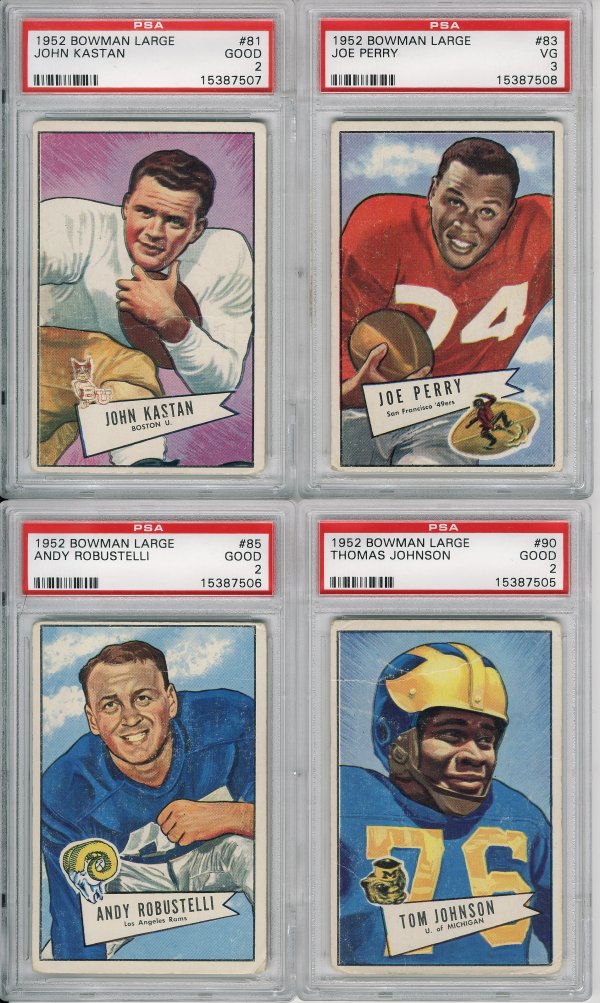 4 - 1952 Vintage Bowman large Football Cards: 4 - 1952 Bowman large Football Cards: 81-JOHN KASTAN(R, SP); 83-JOE PERRY(HOF); 85-ANDY ROBUSTELLI(HOF, R); 90-THOMAS JOHNSON(R, SP)