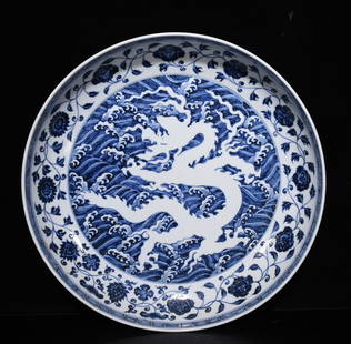 Ming Dynasty Yongle blue and white dragon pattern plate: Size: Width 41.5 cm - Height 7.5 cm Materials: Porcelain Time Period: Ming dynasty Manufactured Date: Yongle Period Origin: China
