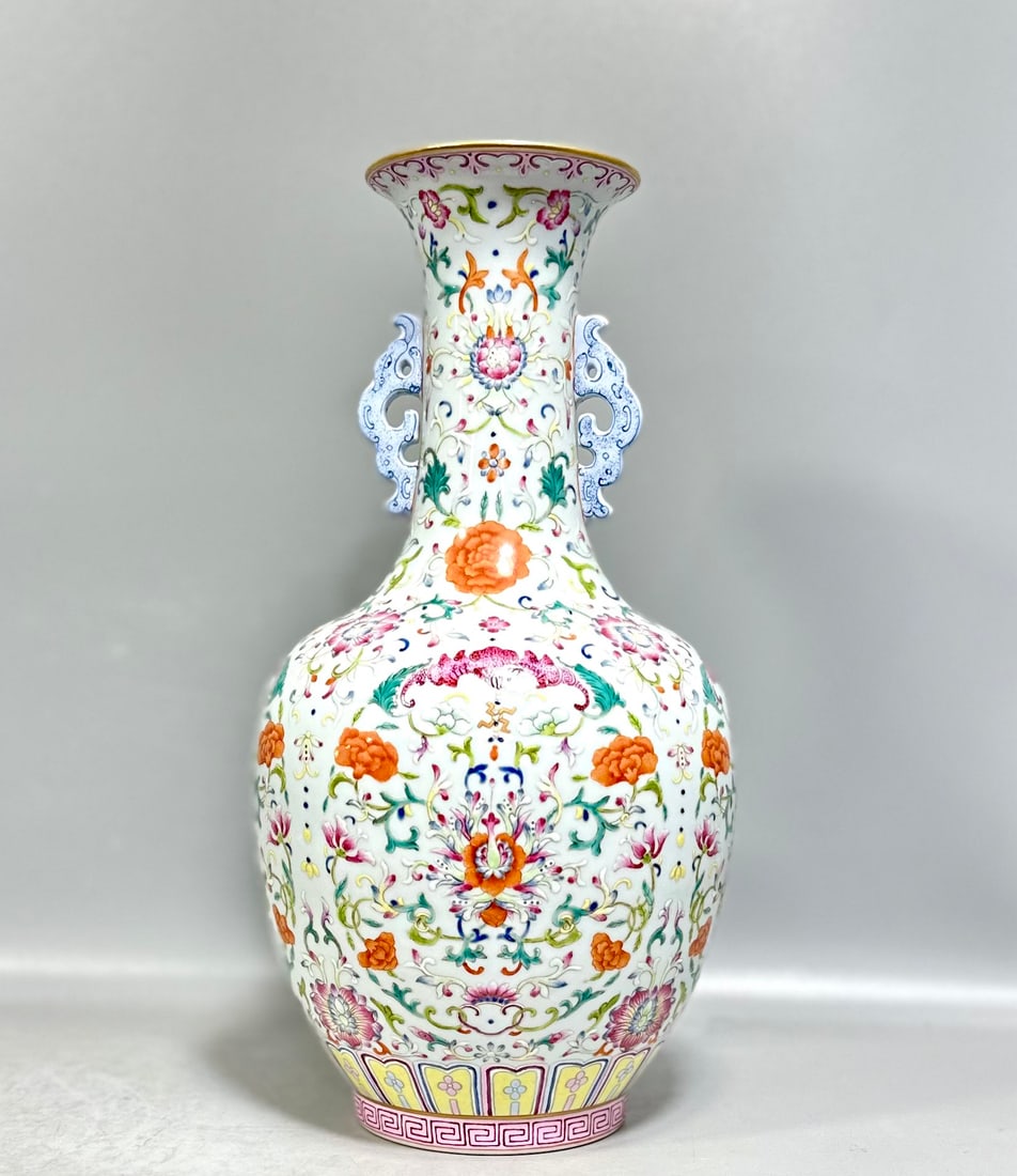 Qing Dynasty Qianlong Yangcai Passionflower Twig Pattern Amphora: Size: Height 33 cm - Width 17 cm Materials: Porcelain Time Period: Qing dynasty Manufactured Date: Qianlong Mark & Period Origin: China The Qianlong Emperor, also known by his temple name Emperor Gaoz