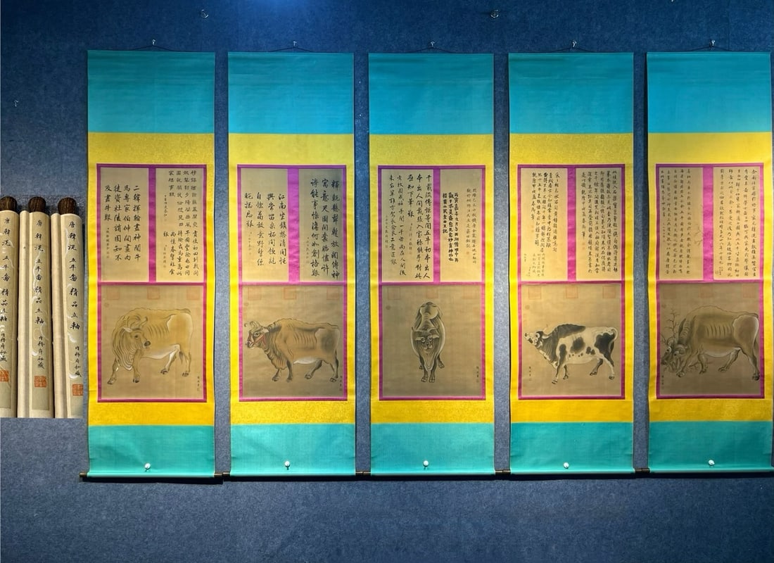 Chinese scroll painting set Tang dynasty Han Huang: Size: Height 145 cm - Width 62 cm Materials: ink color and paper Time Period: Tang dynasty Manufactured by: Han Huang Object: Chinese Antique Additional image: A set of exquisite hanging scrolls, "Fiv