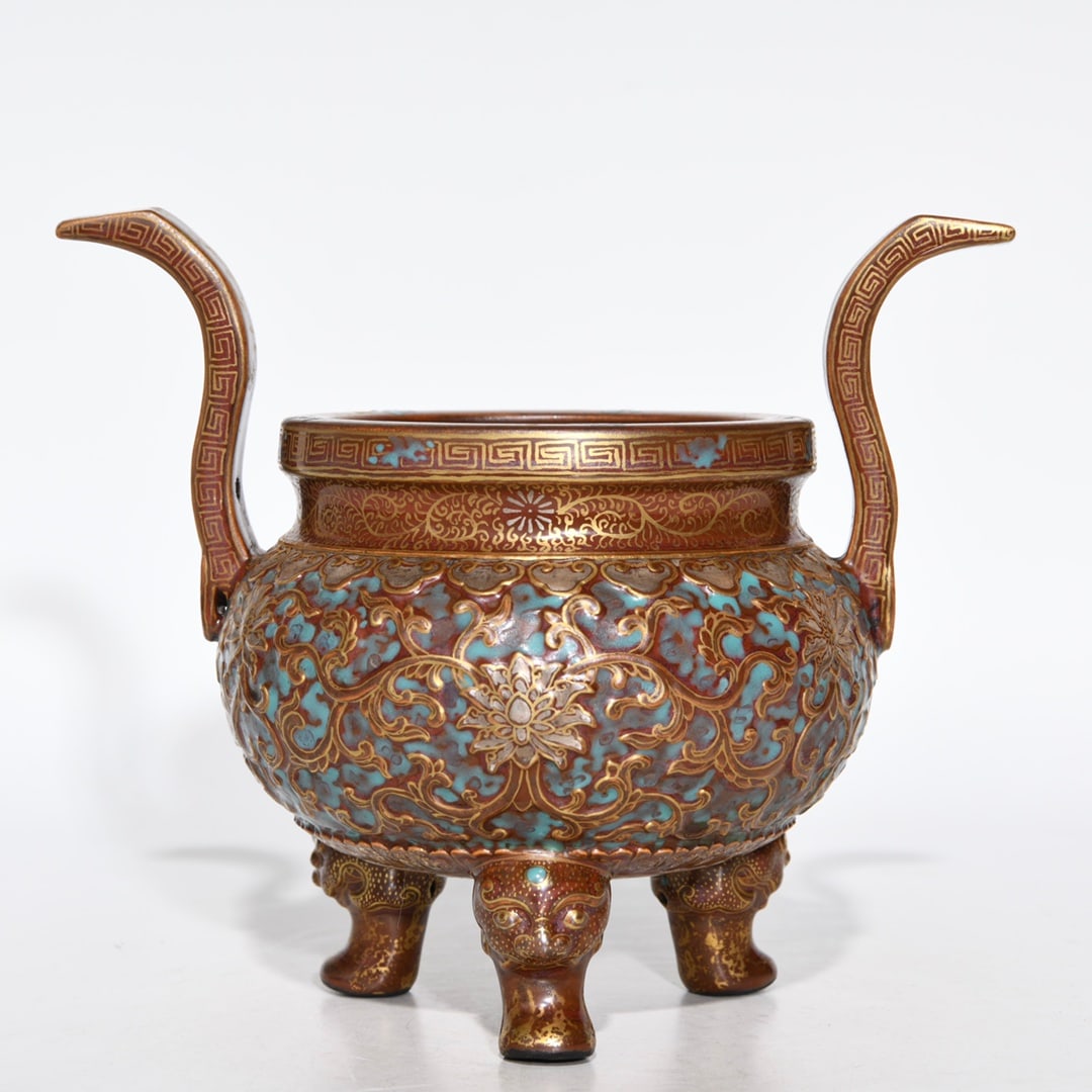 Qing Dynasty Qianlong Period Purple-Gold Glazed Gilt and Silver Glazed Floral Censer: Size: Height 13.5 cm - Width 16 cm Materials: Porcelain Time Period: Qing dynasty Manufactured Date: Qianlong Mark & Period Object: Chinese Antique ⛨ Purchase With Confidence ✔ Veri