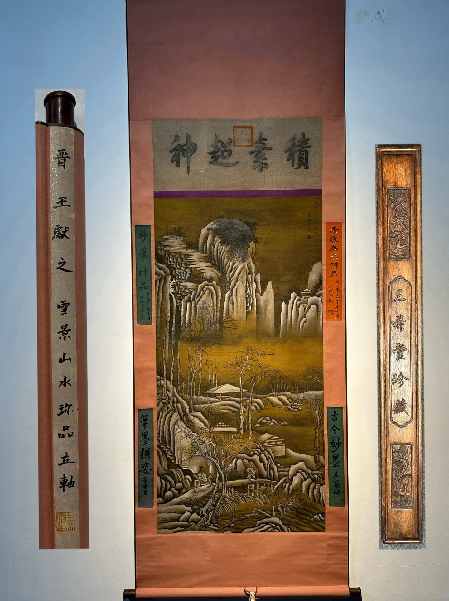 Chinese scroll painting Jin dynasty Wang Xianzhi: Size: Height 160 cm - Width 66 cm Materials: ink color and paper Time Period: Jin dynasty Manufactured by: Wang Xianzhi Object: Chinese Antique Wang Xianzhi's exquisite hand-painted snow landscape pai