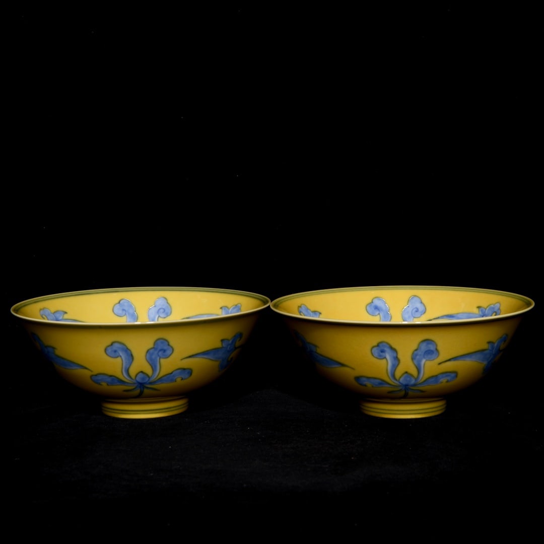 Chinese blue and yellow porcelain bowl pair Ming dynasty Chenghua Mark & Period (1 of 9)