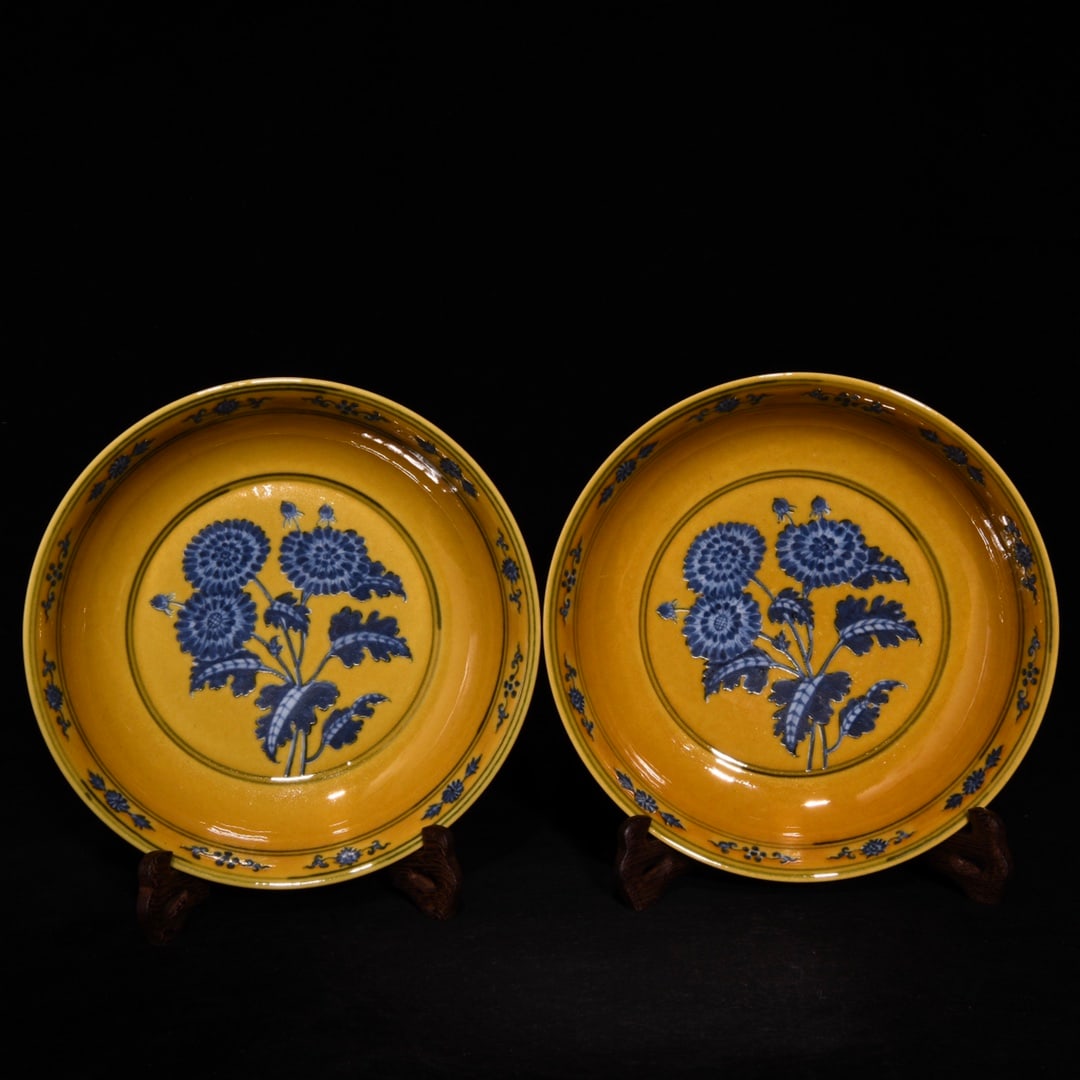 Chinese blue and yellow porcelain plate pair Ming dynasty Xuande Mark & Period (1 of 9)