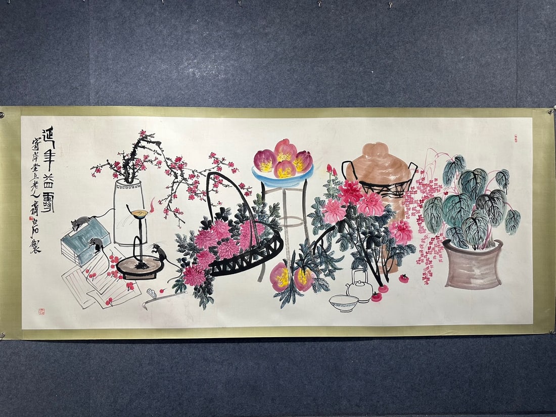 Chinese scroll painting Qing dynasty Qi Baishi: Size: Height 400 cm - Width 160 cm Materials: Silk Time Period: Qing dynasty Manufactured by: Qi Baishi Object: Chinese Antique A masterpiece of Qi Baishi's hand-painted twelve-foot-long peach paintin