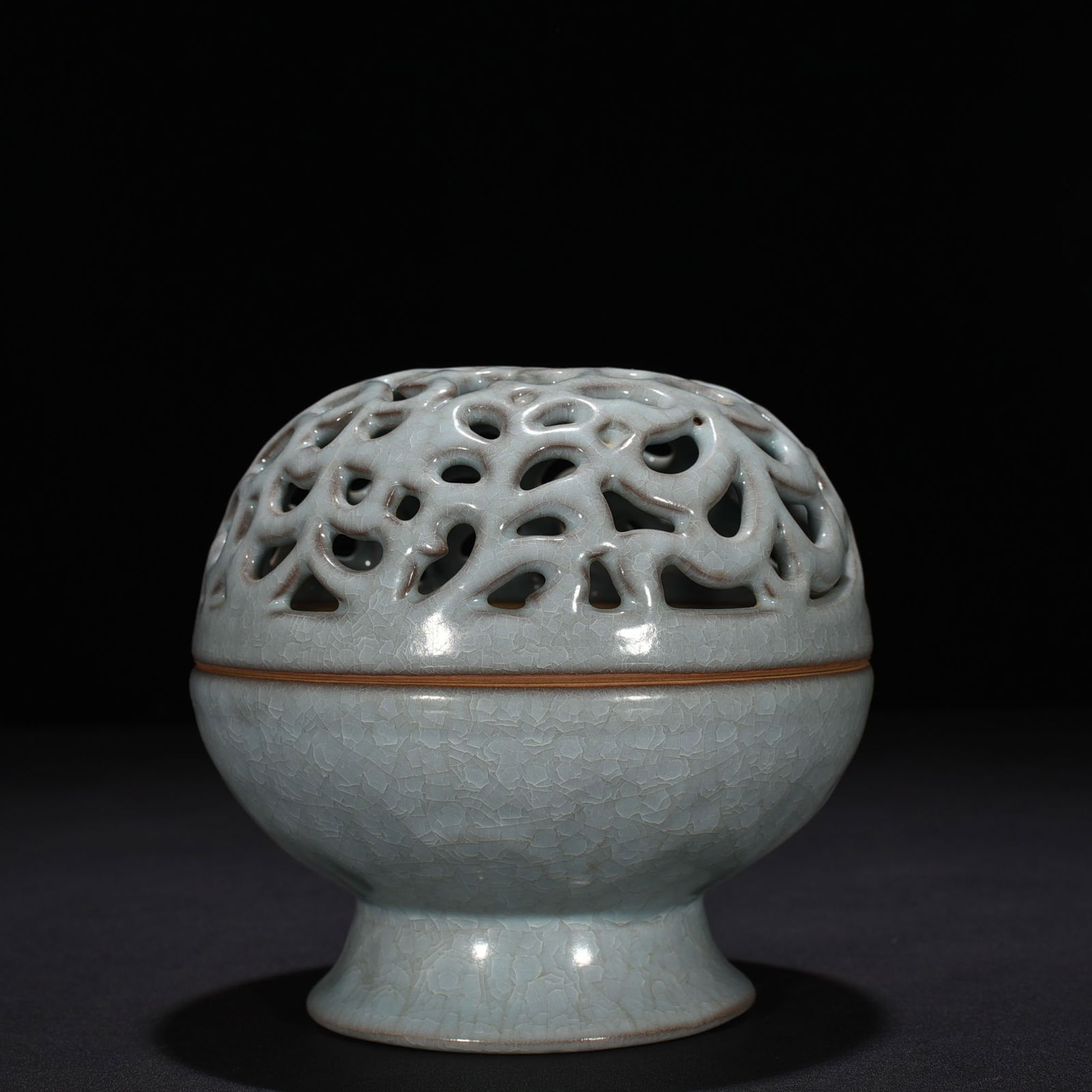 Song Dynasty Ru kiln azure glaze ice crack hollow smoker: Size: Width 15 cm - Height 14 cm Materials: Porcelain Time Period: Song dynasty Manufactured Date: 10th-c Period Object: Chinese Antique ⛨ Purchase With Confidence ✔ Verified Auctio