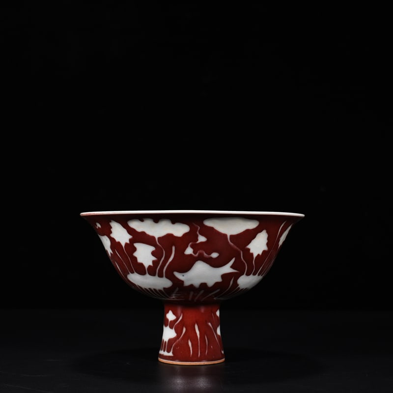 Ming dynasty xuande memorial red engraved fish and algae pattern tall bowl (1 of 9)