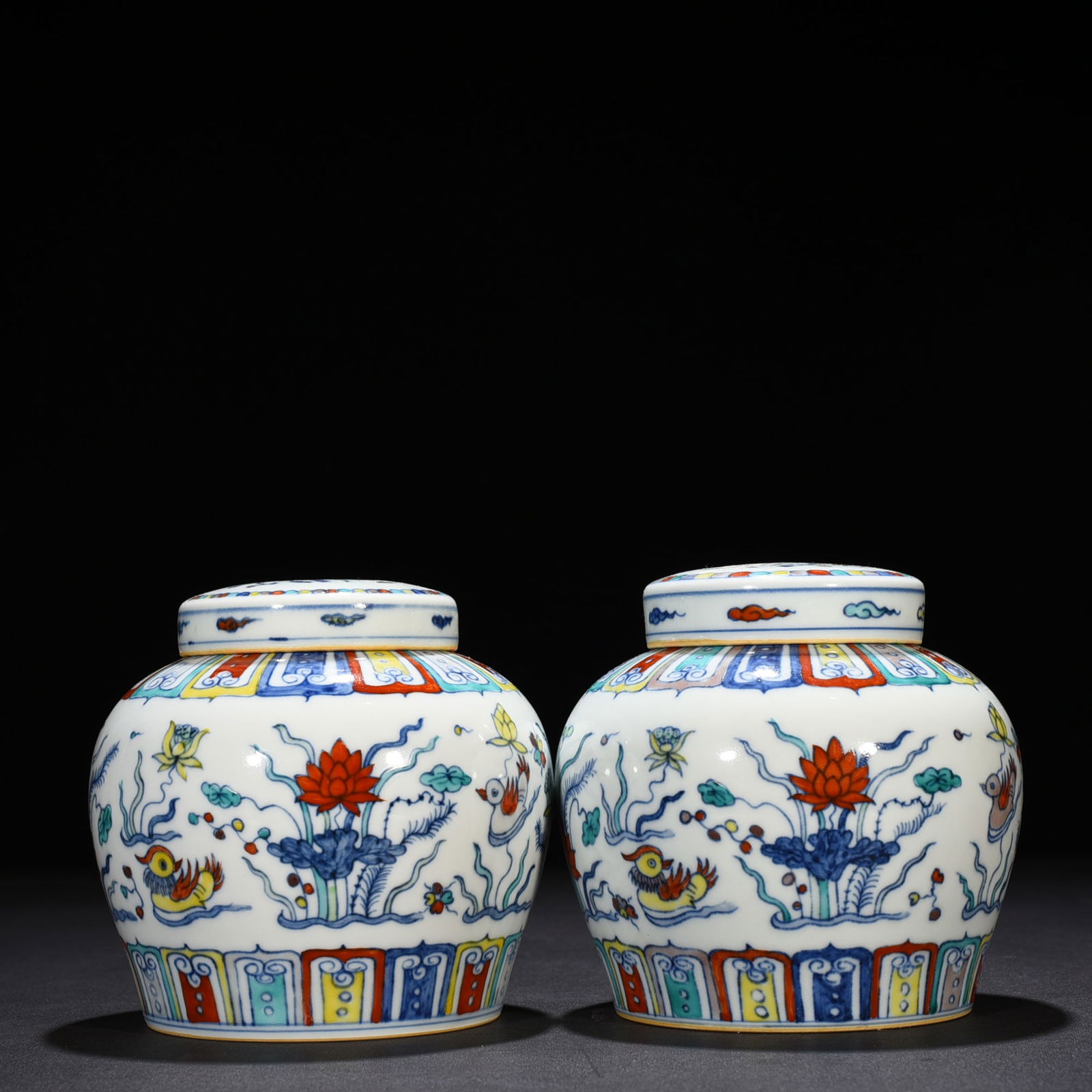 Ming Dynasty Chenghua Doucai Colorful Purple Lotus Pond Mandarin Duck Pattern Tianzi Jar: Size: Height 13 cm - Width 14 cm Materials: Porcelain Time Period: Ming dynasty Manufactured Date: Chenghua Mark & Period Object: Chinese Antique ⛨ Purchase With Confidence ✔ Verifi