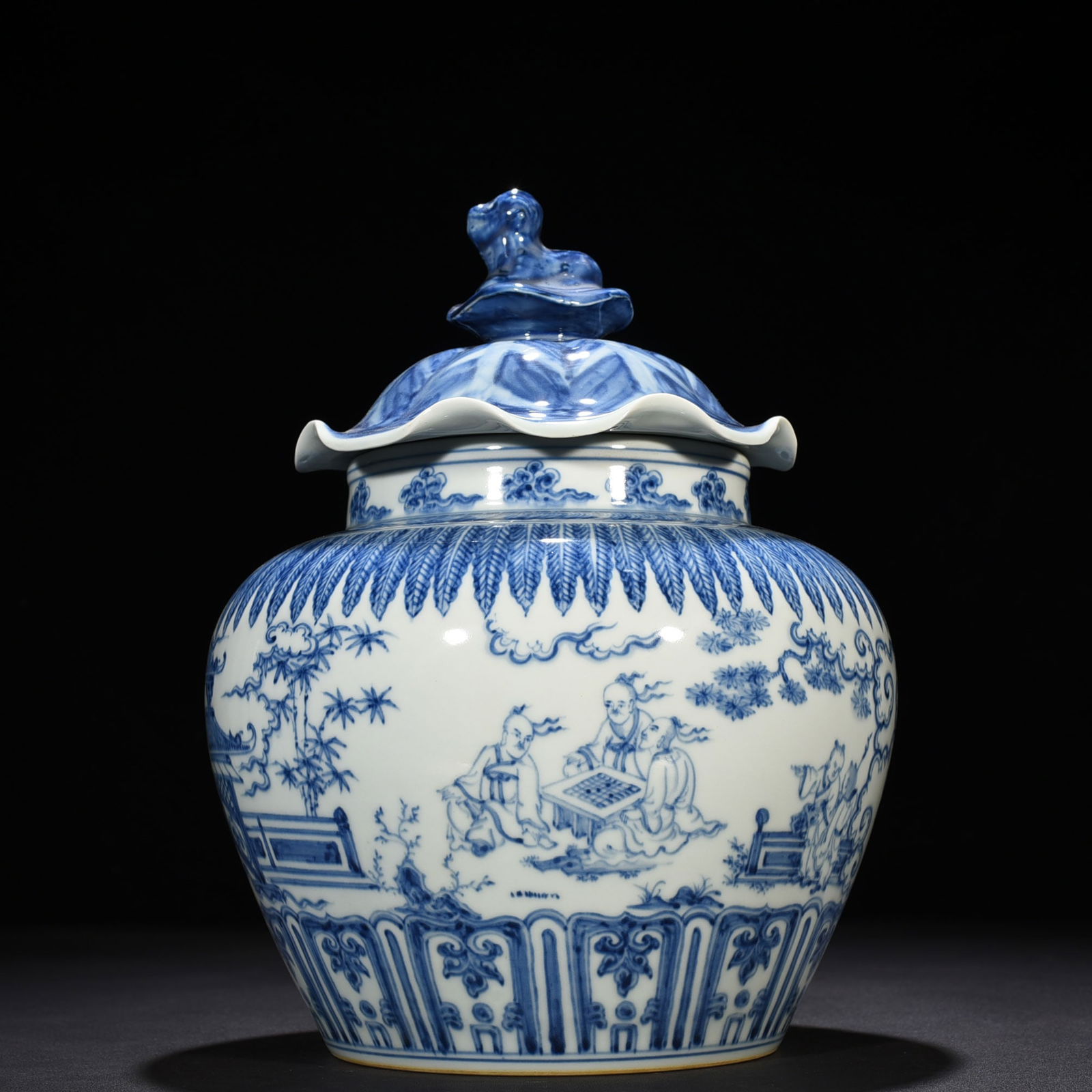 Ming Dynasty Chenghua blue and white Taoist figure lion twisted lotus leaf lid jar (1 of 9)
